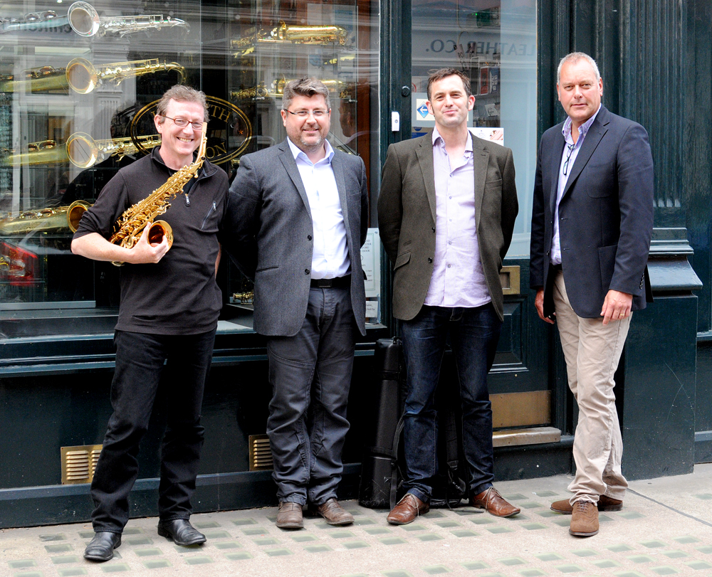 Buffet Senzo at Howarth of London (20) Gerard McChrystal, Grégory Demailly, Christian Forshaw and Lyndon Chapman at Howarth of London Saxophone Showroom photography by Olivia Wild